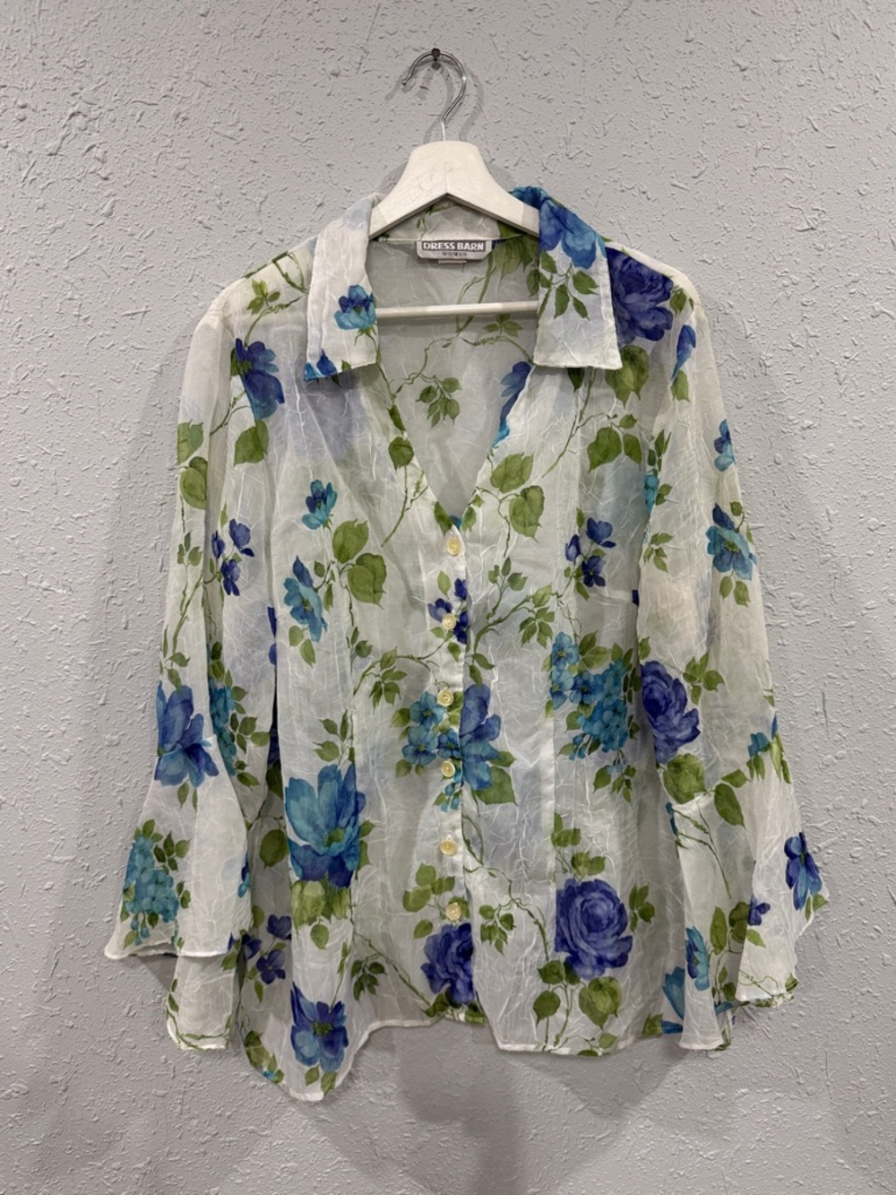 Dress Barn White Sheer‎ Floral Button-Up Blouse Flare Sleeves Size XL Y2K - Picture 6 of 8